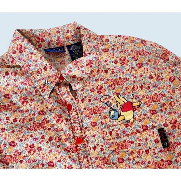 Vintage DISNEY Winnie the Pooh Floral Button Down 3/4 Sleeve Top Sz M - Picture 1 of 7